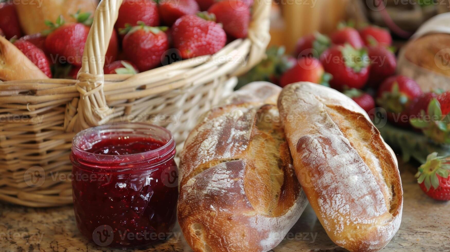 A basket of warm crusty bread sits beside a jar of homemade strawberry preserves tempting guests with the sweet and savory combination of freshly baked bread and handpicked fruit photo