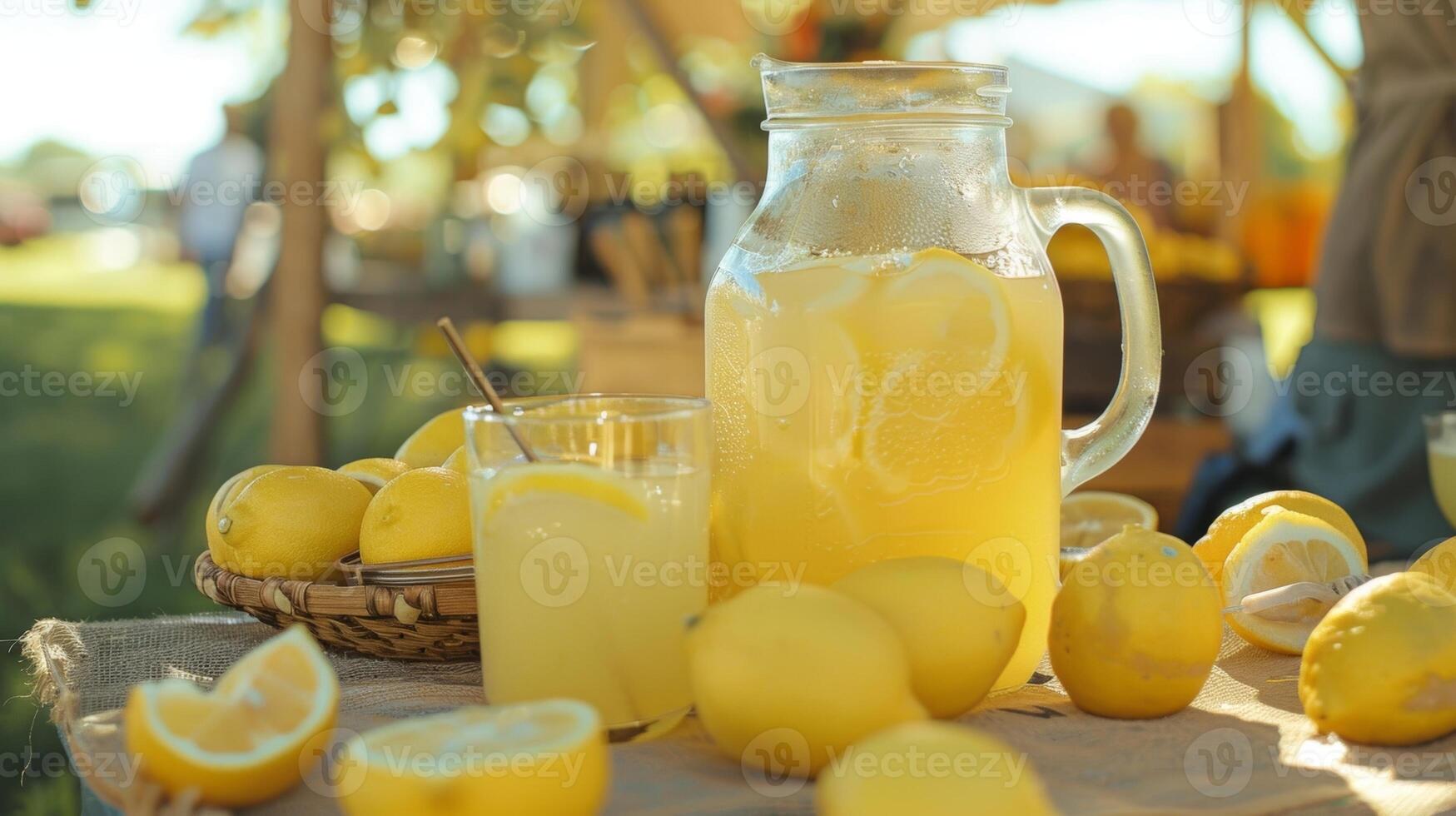 A refreshing pitcher of freshlysqueezed lemonade made with juicy lemons and sweetened with honey from a local beekeeper all found at the farmers market photo