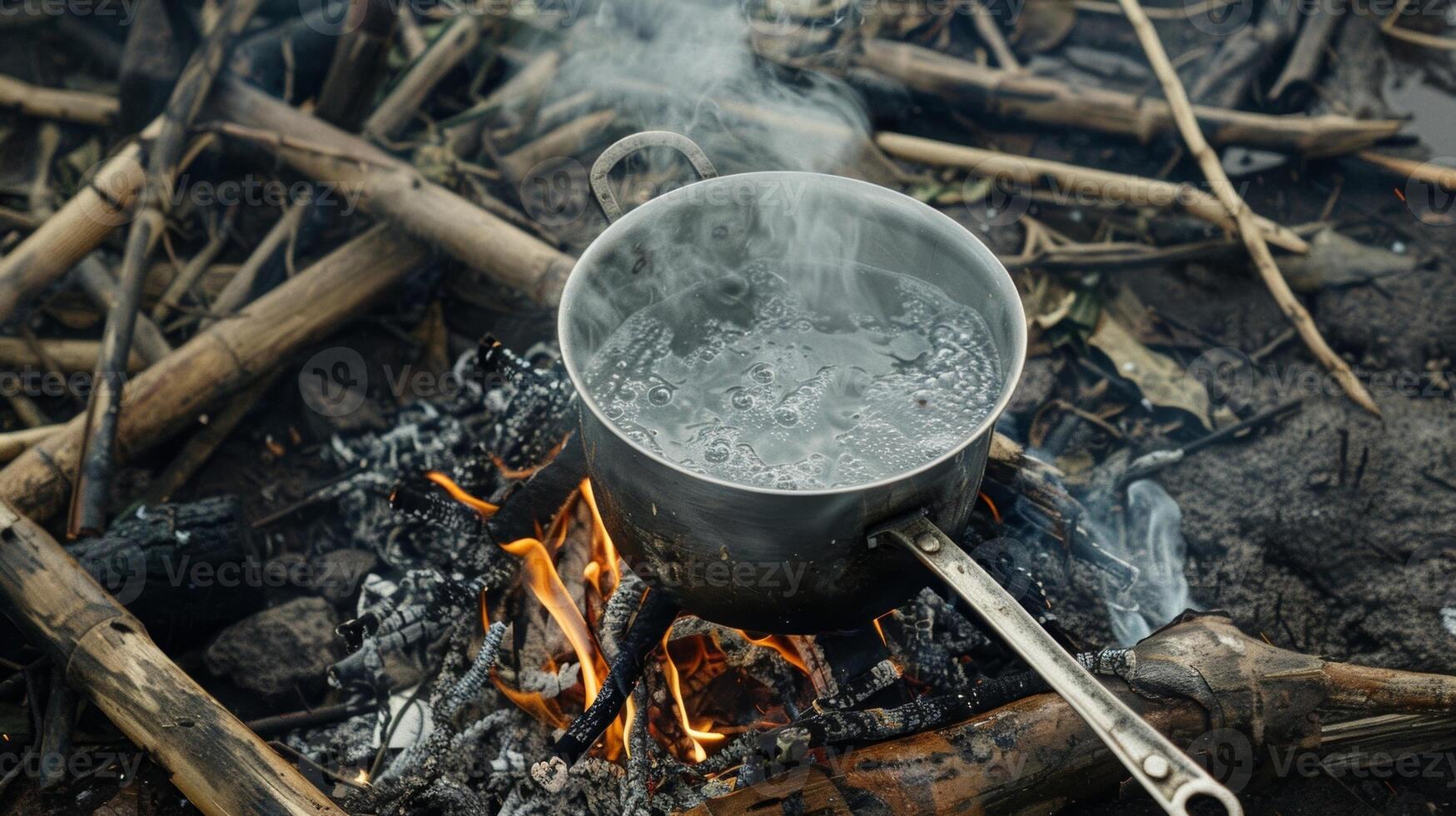 A pot of boiling water sits atop a makeshift fire ready to cook the foraged tubers photo