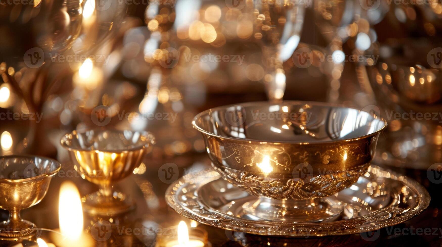 A silver soup s perfectly polished to a mirrorlike shine reflects the candlelight from a nearby candelabra photo
