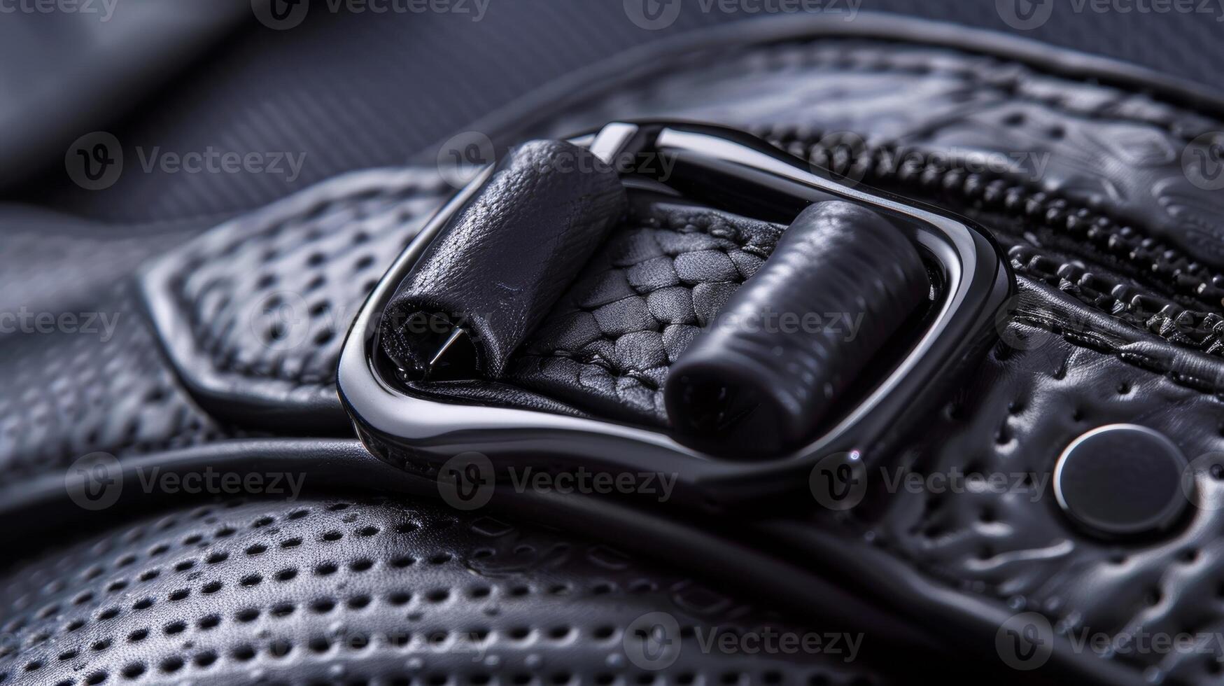 A detailed shot of the adjustable the goggles with intricate stitching and a smooth metallic buckle photo