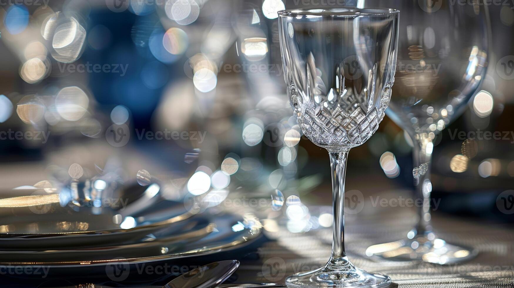 A closeup of a crystal water goblet featuring a long stem and a polished base reflecting the sparkling ambience of the fine dining setting photo