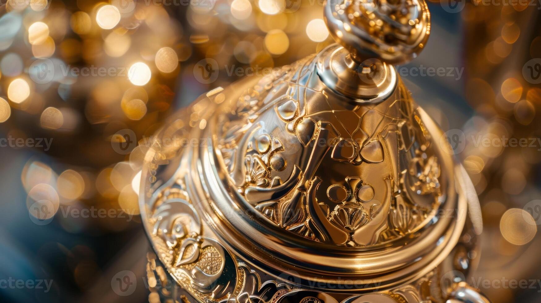 A closeup of a goldplated cocktail shaker ornately detailed with intricate designs and a round handle that adds a touch of elegance to any bar cart photo