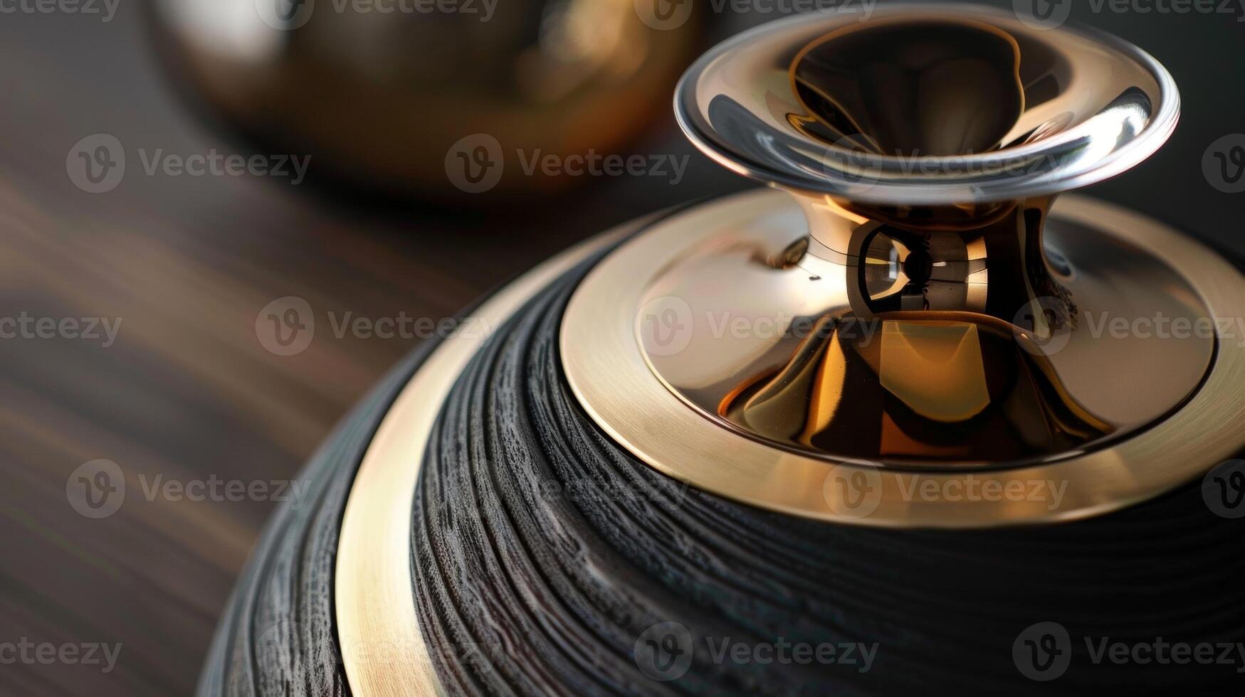 Luxurious swirls of dark wood and golden accents surround a sleek modern decanter a work of art in itself photo