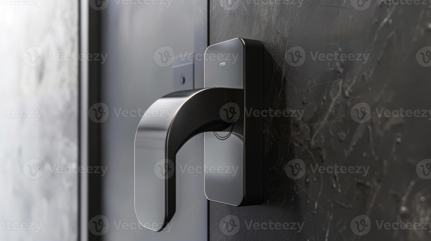 A side view of a smart door lock revealing the subtle curves and shapes of its design. The metallic finish and minimalist style convey a sense of luxury photo