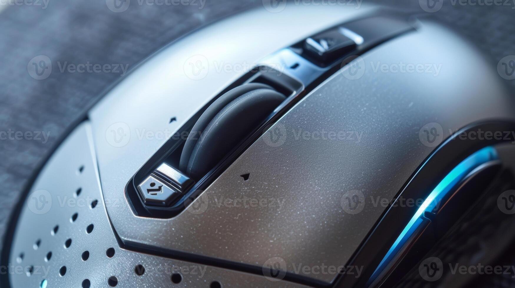 A closeup of a silver wireless mouse highlighting the various buttons and advanced optical tracking technology photo