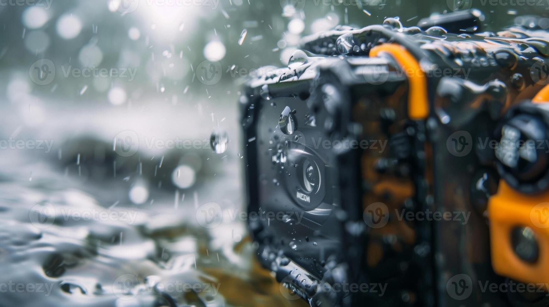 The rugged housing of an action camera is visible in extreme closeup highlighting its durable design that can withstand the elements while capturing thrilling footage photo