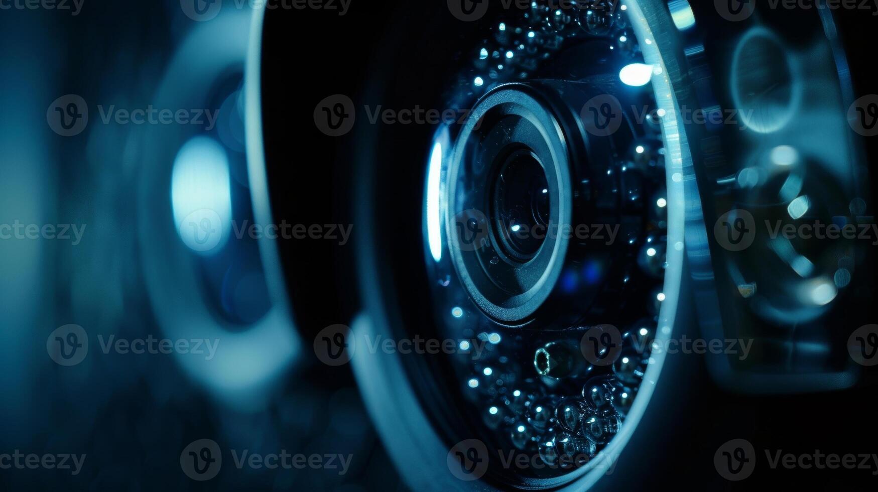 A closeup of a security cameras infrared sensor showcases the advanced technology that allows it to detect movement in the dark photo