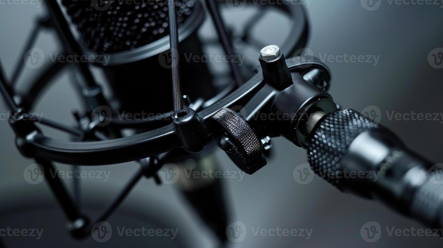 A shot from above shows the mechanical details of a mic stand with its adjustable arms and s visible allowing for precise positioning and customization photo
