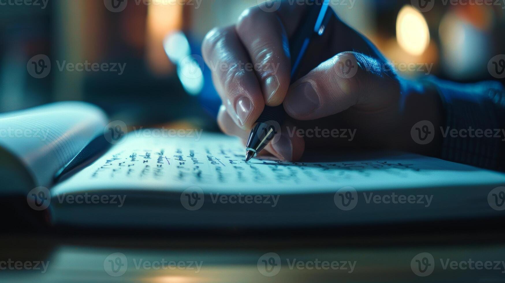 A zoomed in image of a smart pen hovering over a page in a smart notebook ready to scan and save the handwritten notes to a digital device photo
