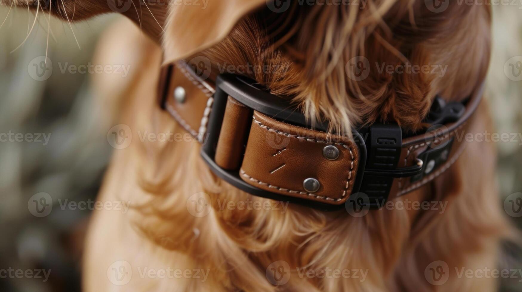 A detailed shot of a highquality leather smart collar reveals intricate stitching and a discreet pocket for a GPS tracking device. The collar also includes a unique QR code that ca photo