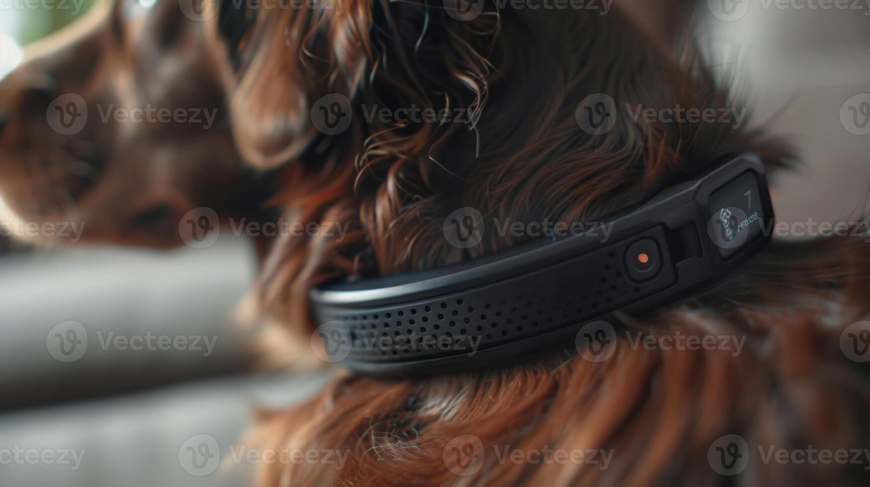 In the next image we see a smart pet collar with a beautiful patterned s and a touchsensitive digital display. The display shows realtime information such as the pets location temperatur photo