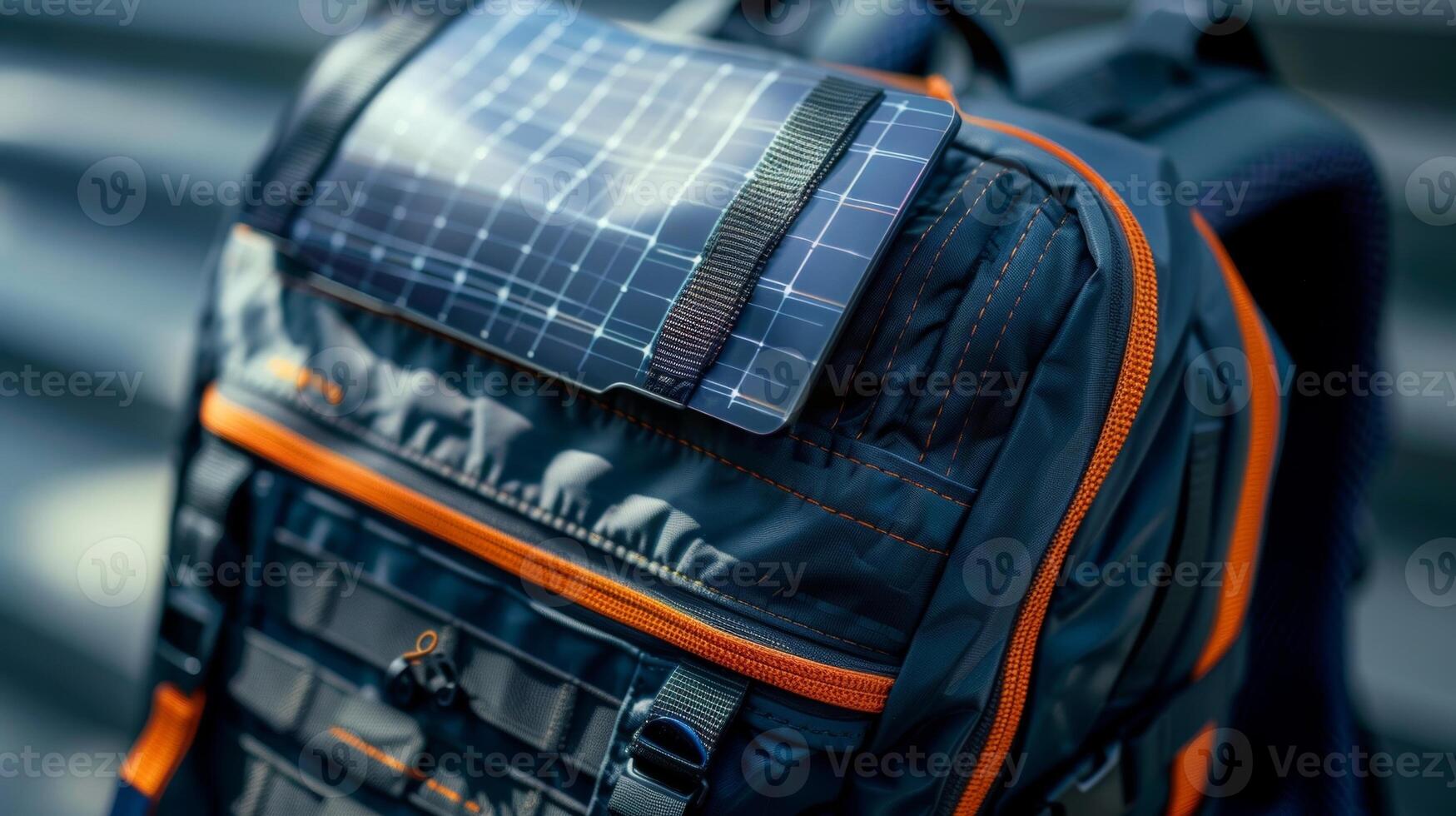A detailed shot of the smart backpacks integrated solar panel designed to harness solar energy for charging devices onthego photo