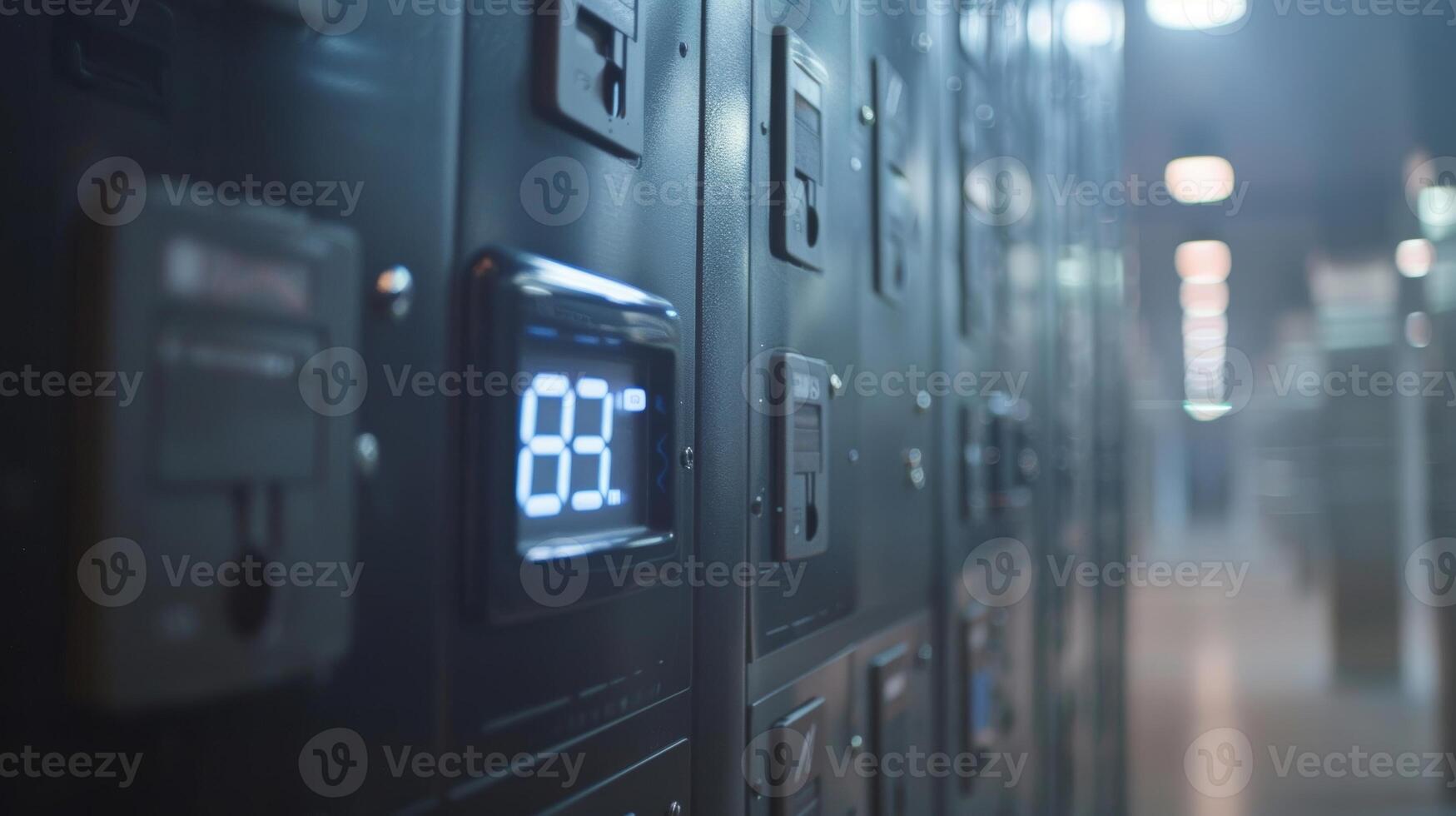 A closeup of a locker door reveals a digital display that indicates the availability of the locker and any instructions for use photo