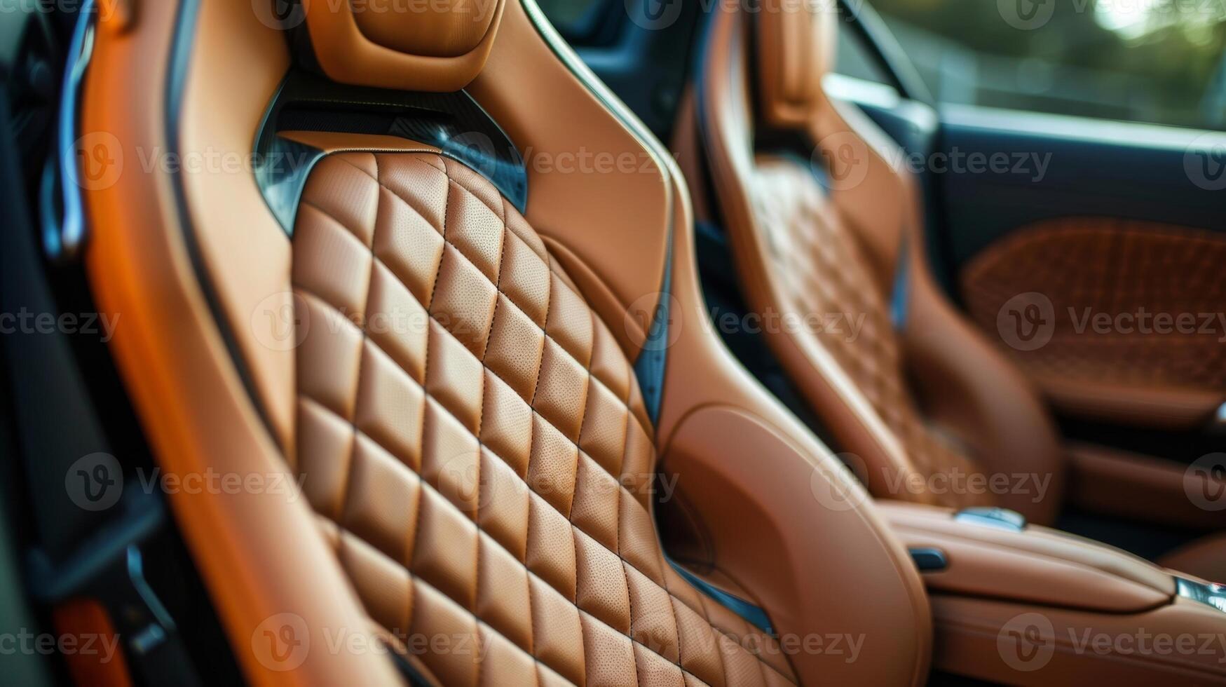 The interior seats of an elite sports car model photographed in closeup to reveal the exquisite craftsmanship of the leather upholstery and fine stitching photo
