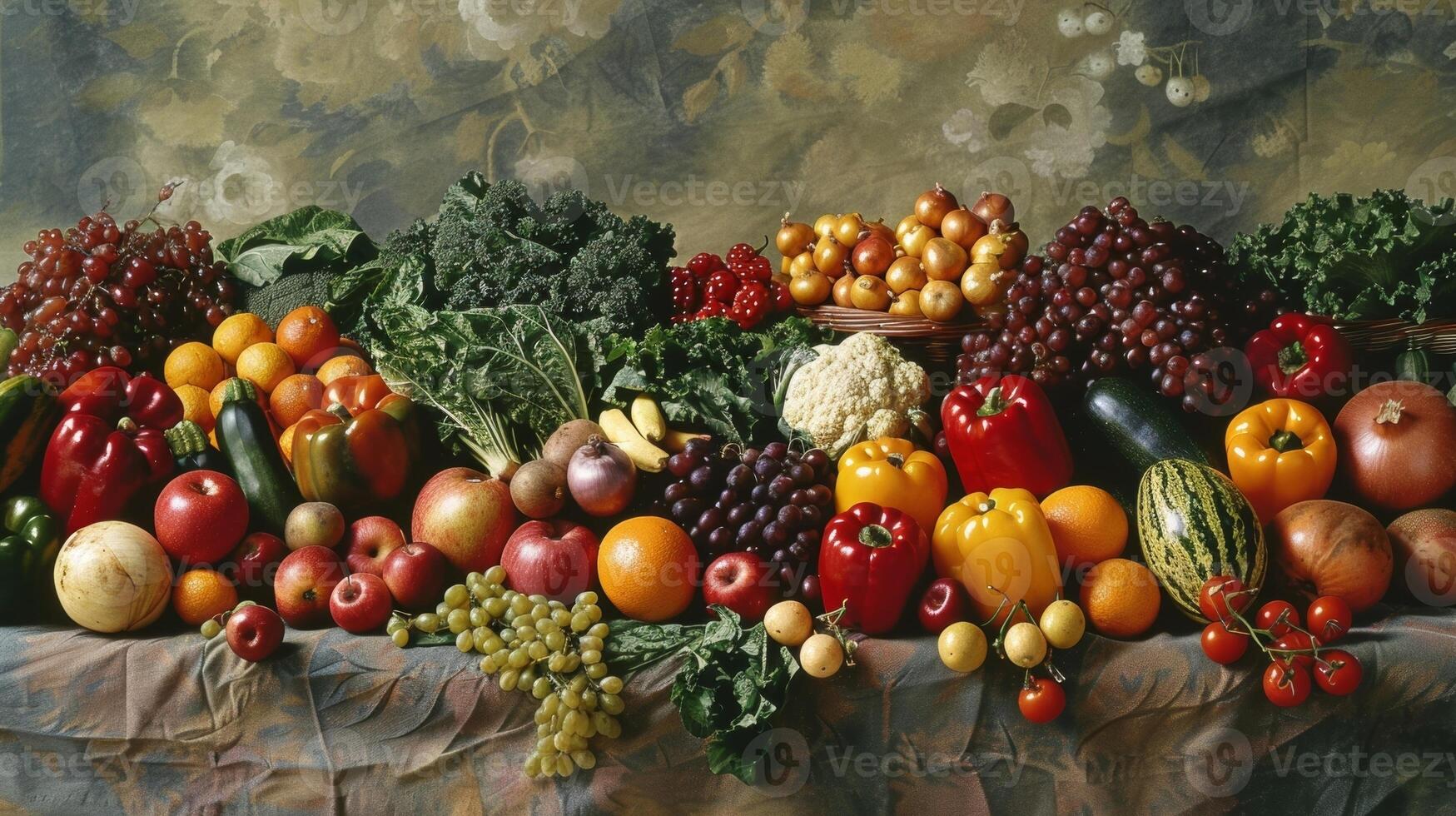 An array of colorful fruits and vegetables displayed on a table highlighting the bounty of organic farming photo