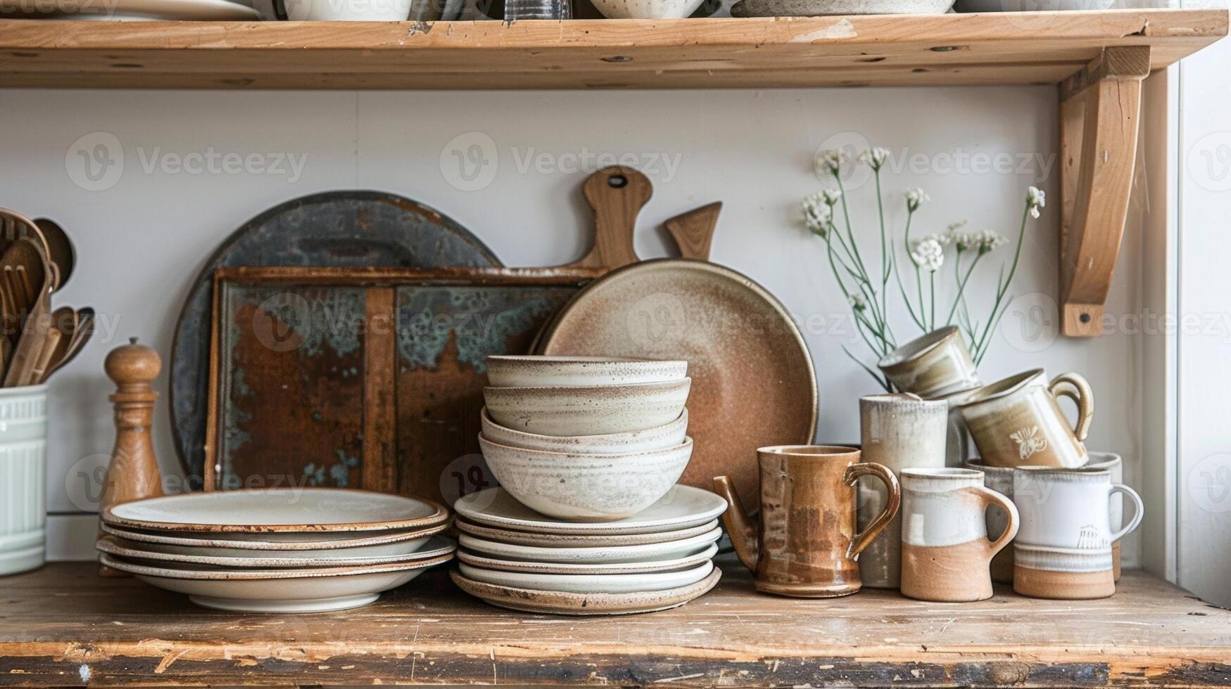 A stack of mismatched ceramic plates and mugs add to the cozy and eclectic feel of the space photo