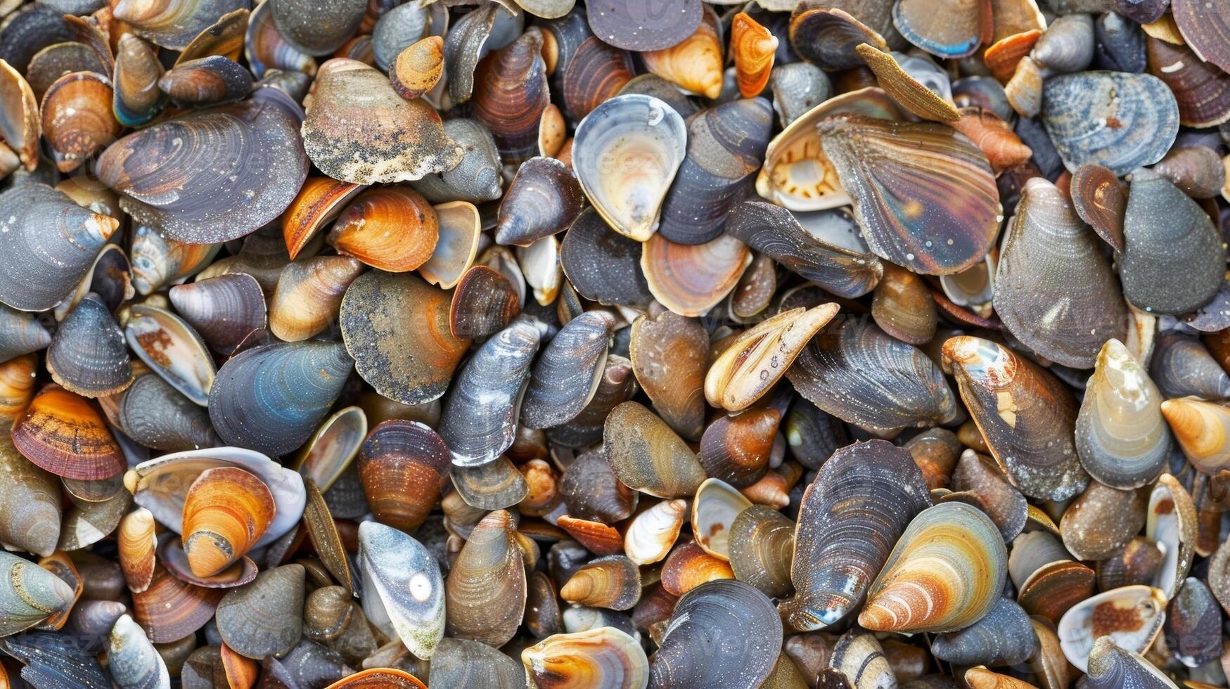 A of empty mussel shells tered along the shore evidence of a successful gathering trip photo