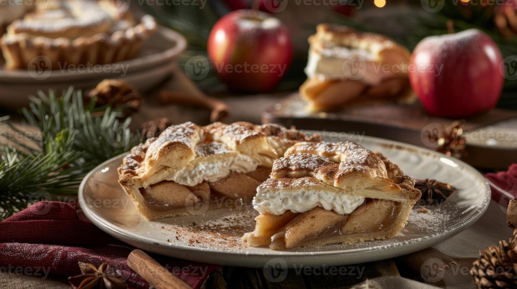 Slices of hot apple pie made with handpicked wild apples are served for dessert filling the cabin with the scents of cinnamon and clove photo