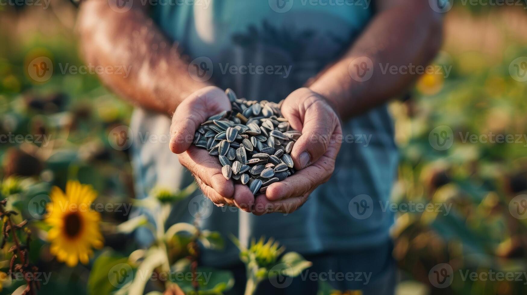 A man holding a handful of sunflower seeds freshly plucked from a roadside field photo