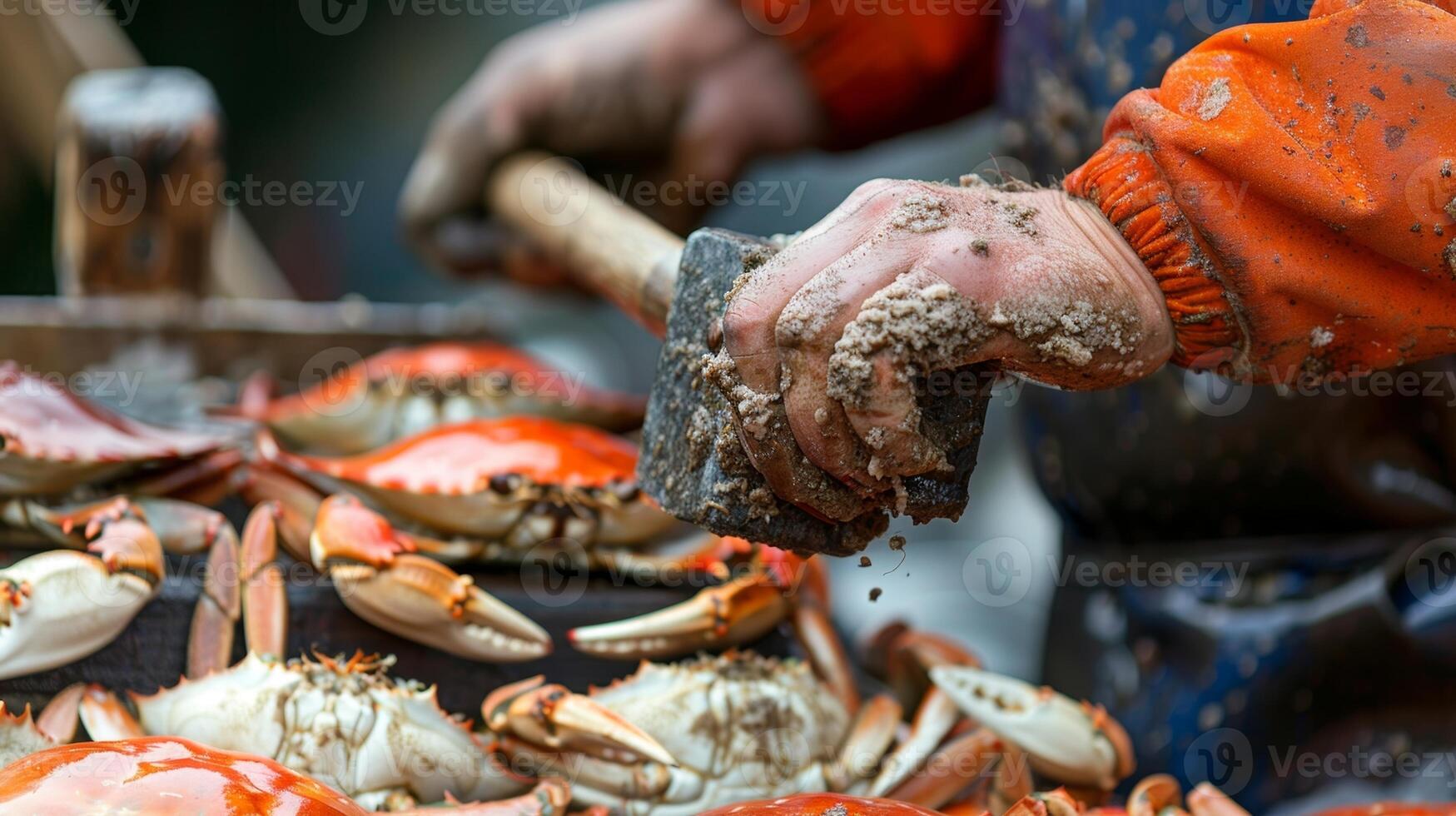 The steady thump of a mallet can be heard as a man cracks open crab shells revealing succulent meat inside photo