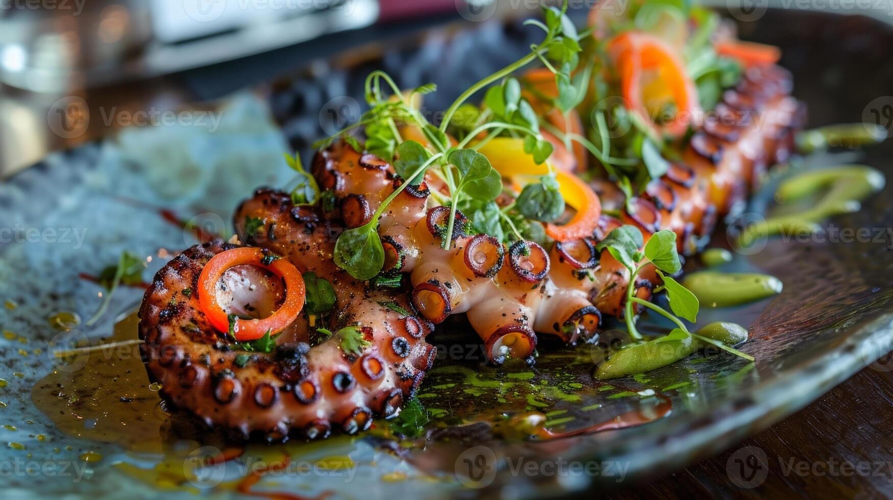 recién atrapado pulpo es expertamente A la parrilla y servido con un formación de Fresco hierbas haciendo para un sencillo aún satisfactorio comida foto