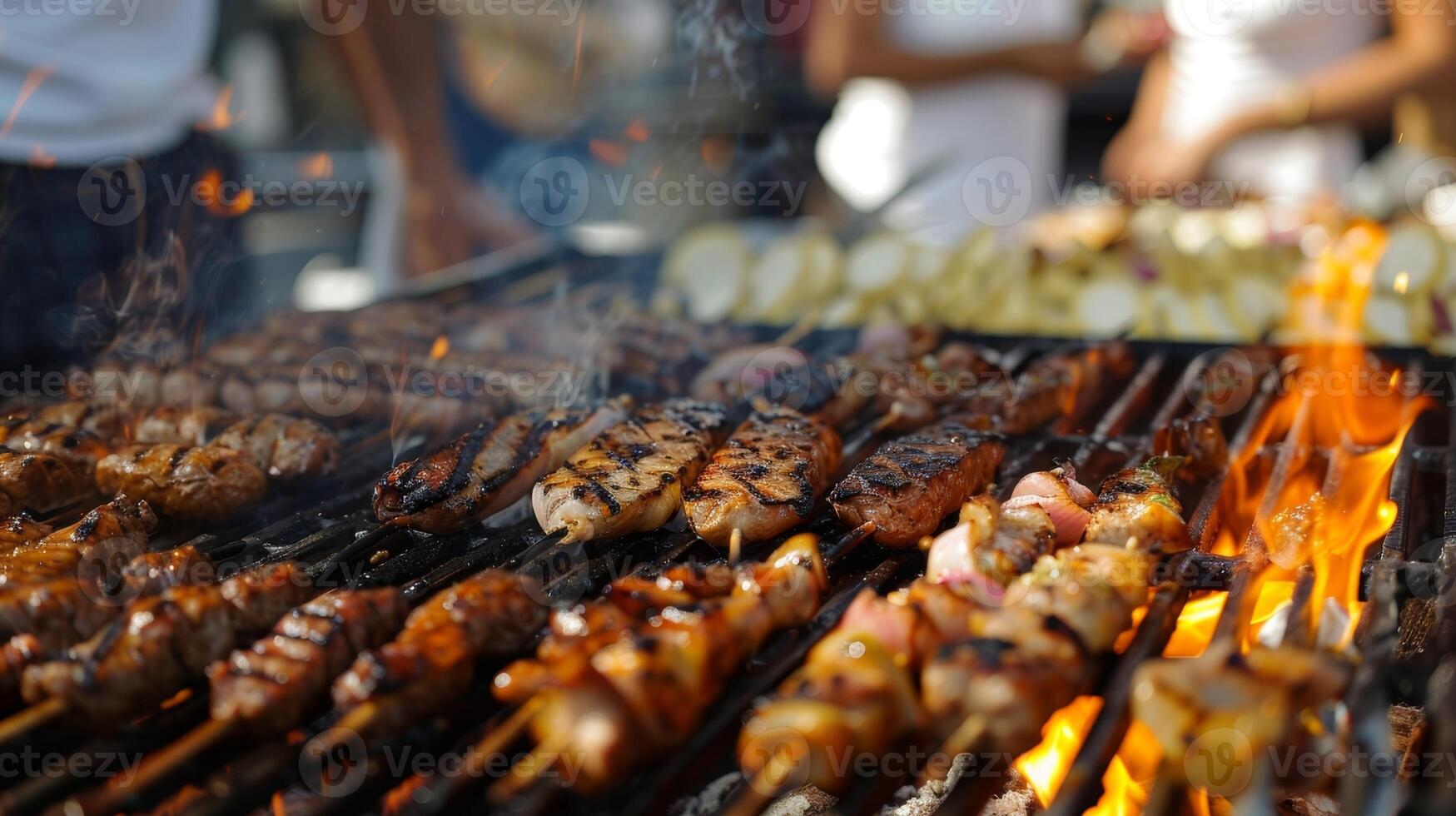 The sound of sizzling food fills the air as a friendly competition ensues between two groups of guests trying to see who can master the perfect grill marks on their food photo