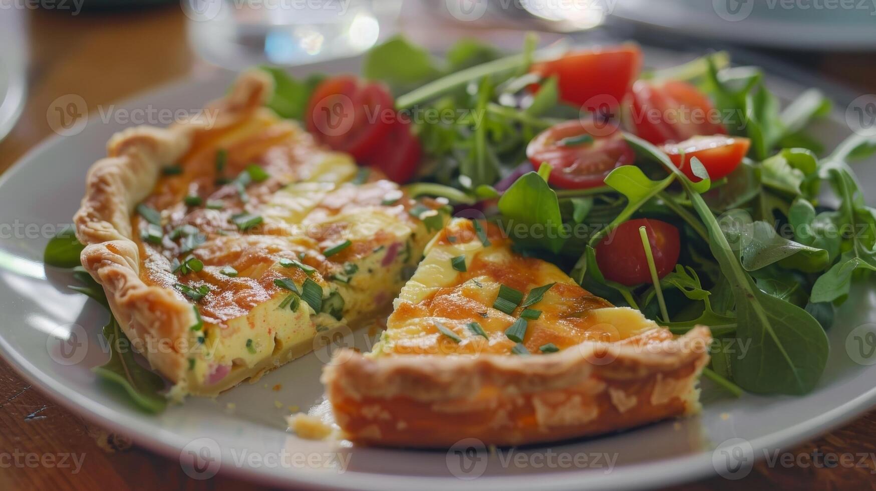 A homemade quiche made with eggs from the nearby farm is into slices and served alongside a colorful salad of fresh greens and vegetables photo