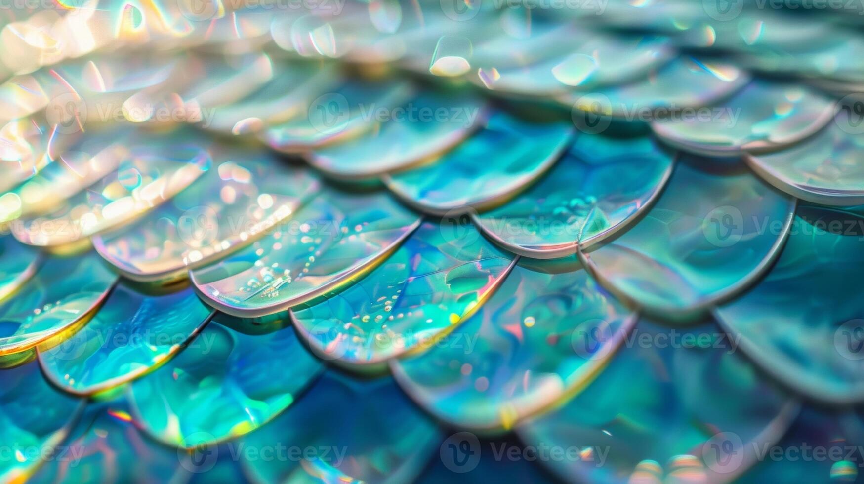A mesmerizing closeup of a surfboard shows off a holographic mermaid scale design making the board look like it belongs in the depths of the ocean photo