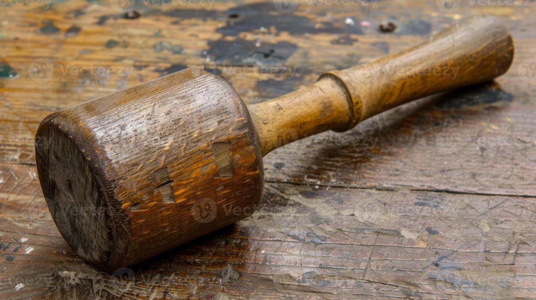 A leather mallet resting on a workbench its wellworn surface and sy wooden handle hinting at the many projects it has helped bring to life photo