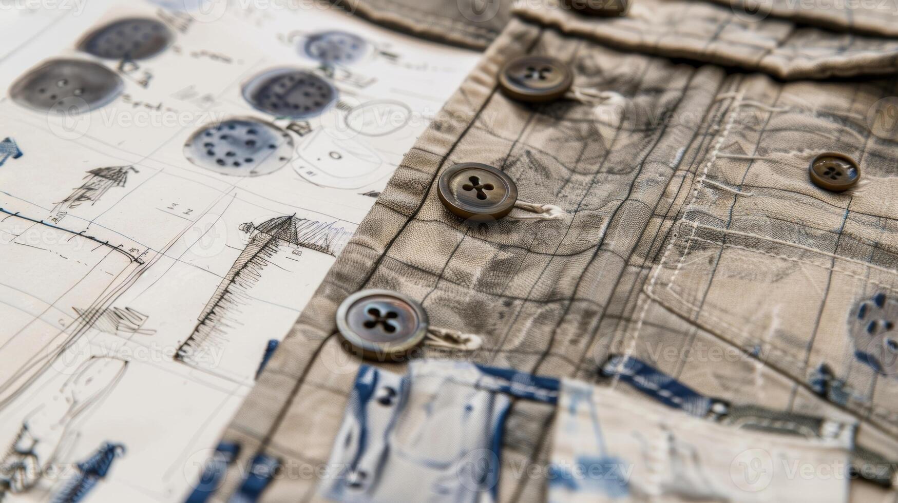 A closeup of a designers sketch for a classic trenchcoat with detailed illustrations of the buttons and belt surrounded by swatches of waterproof fabric photo