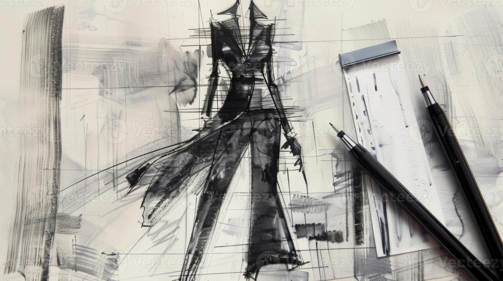 A sketch of a sleek and modern jumpsuit paired with swatches of metallic silver fabric for added glamour photo