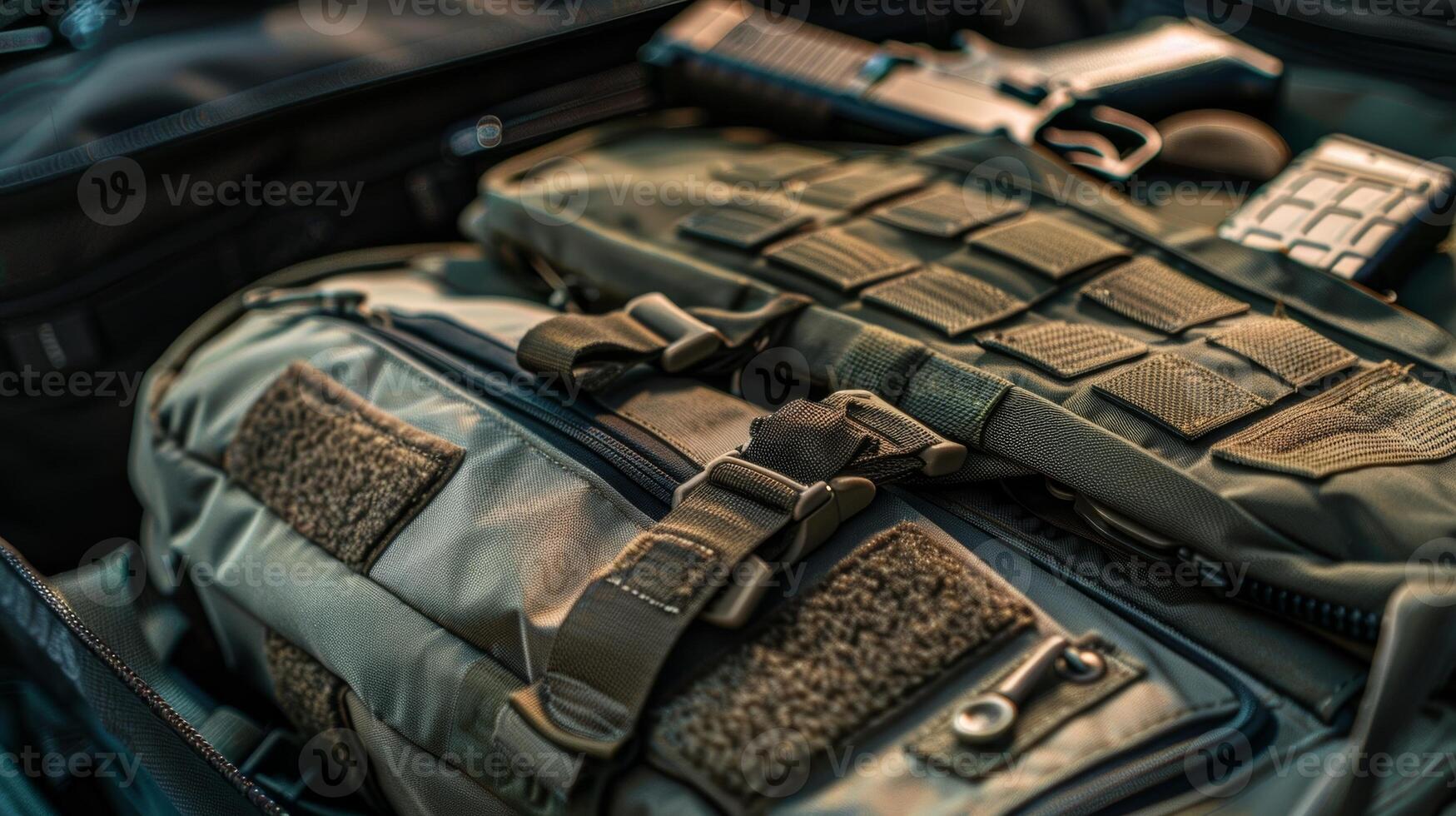 A detailed closeup of a shooting range bag featuring multiple compartments and pockets to neatly organize all necessary gear photo