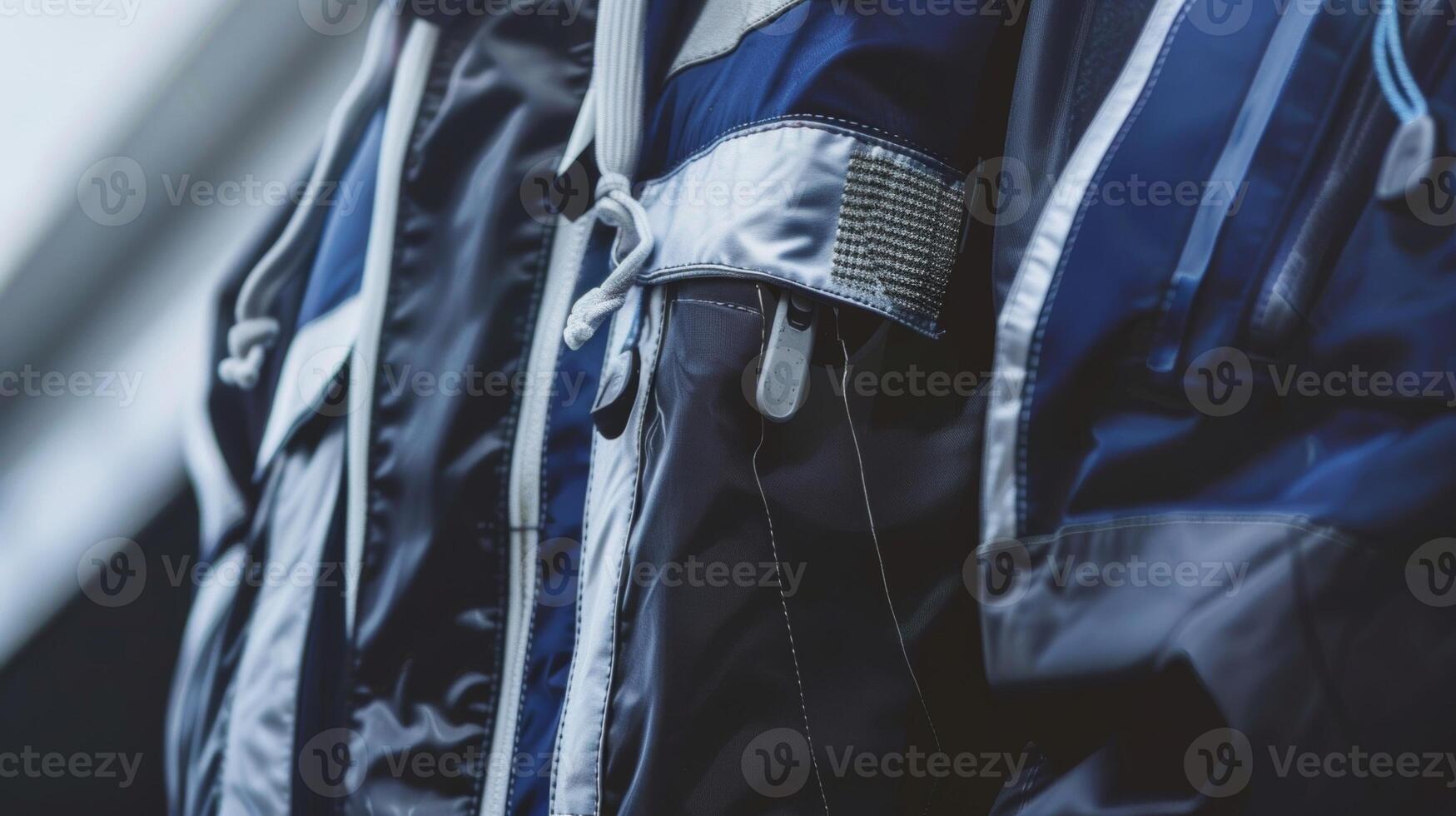 An upclose view of a highend sailing jacket with a navy blue and silver color scheme and a reflective logo on the chest photo