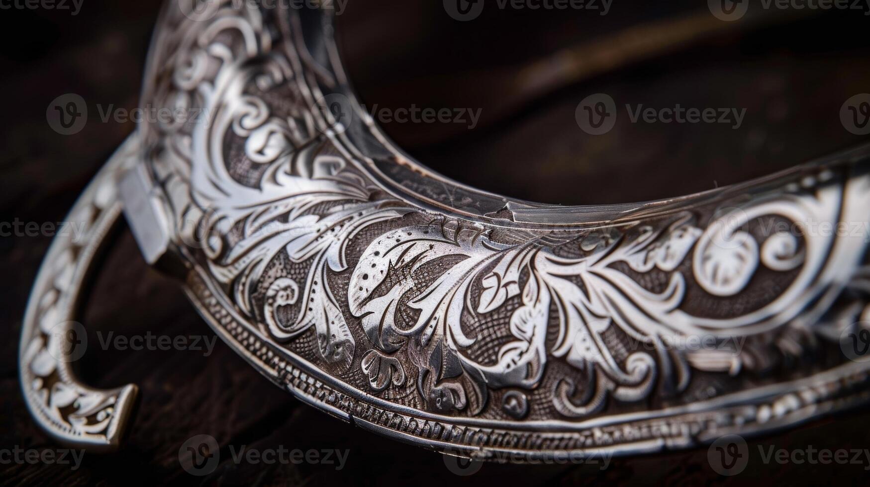 A gleaming silver horseshoe with intricate etchings representing the luck and success of a winning horse photo