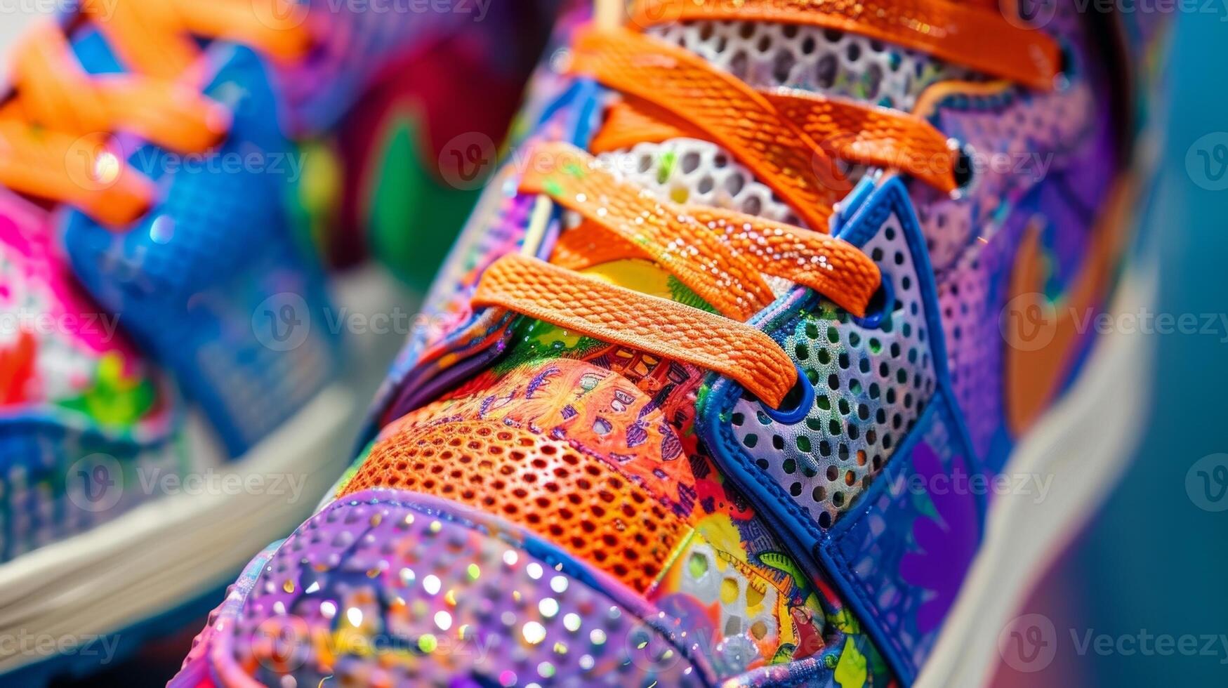 A pair of vibrant graffitiinspired sneakers with a mix of colorful prints and textures including a holographic material on the toe box photo