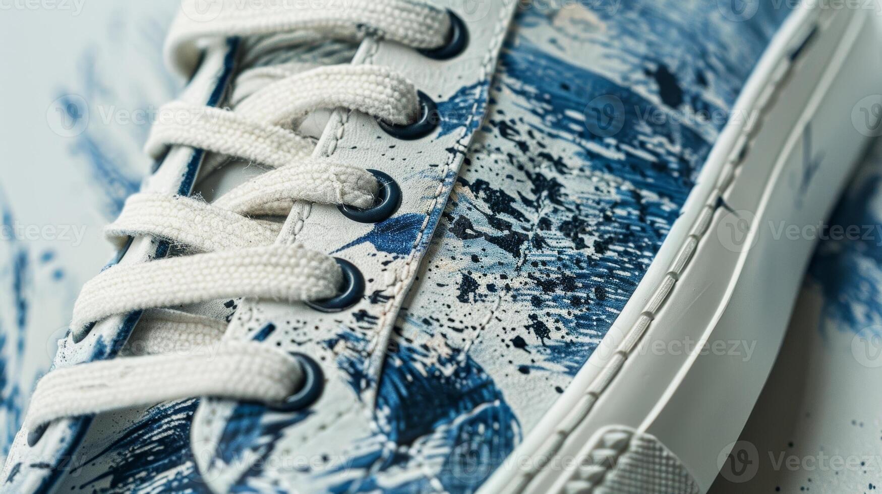 A lowtop allwhite sneaker with a distressed finish and handpainted brush strokes in various shades of blue resembling a denim texture photo