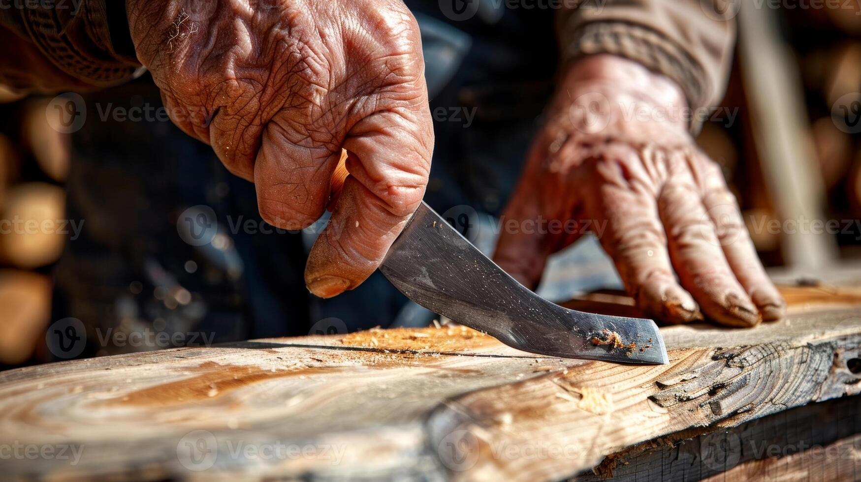 The sharp pointed tip of a chisel held in a craftsmans steady hand as he carefully chips away at a piece of smooth flawless wood photo