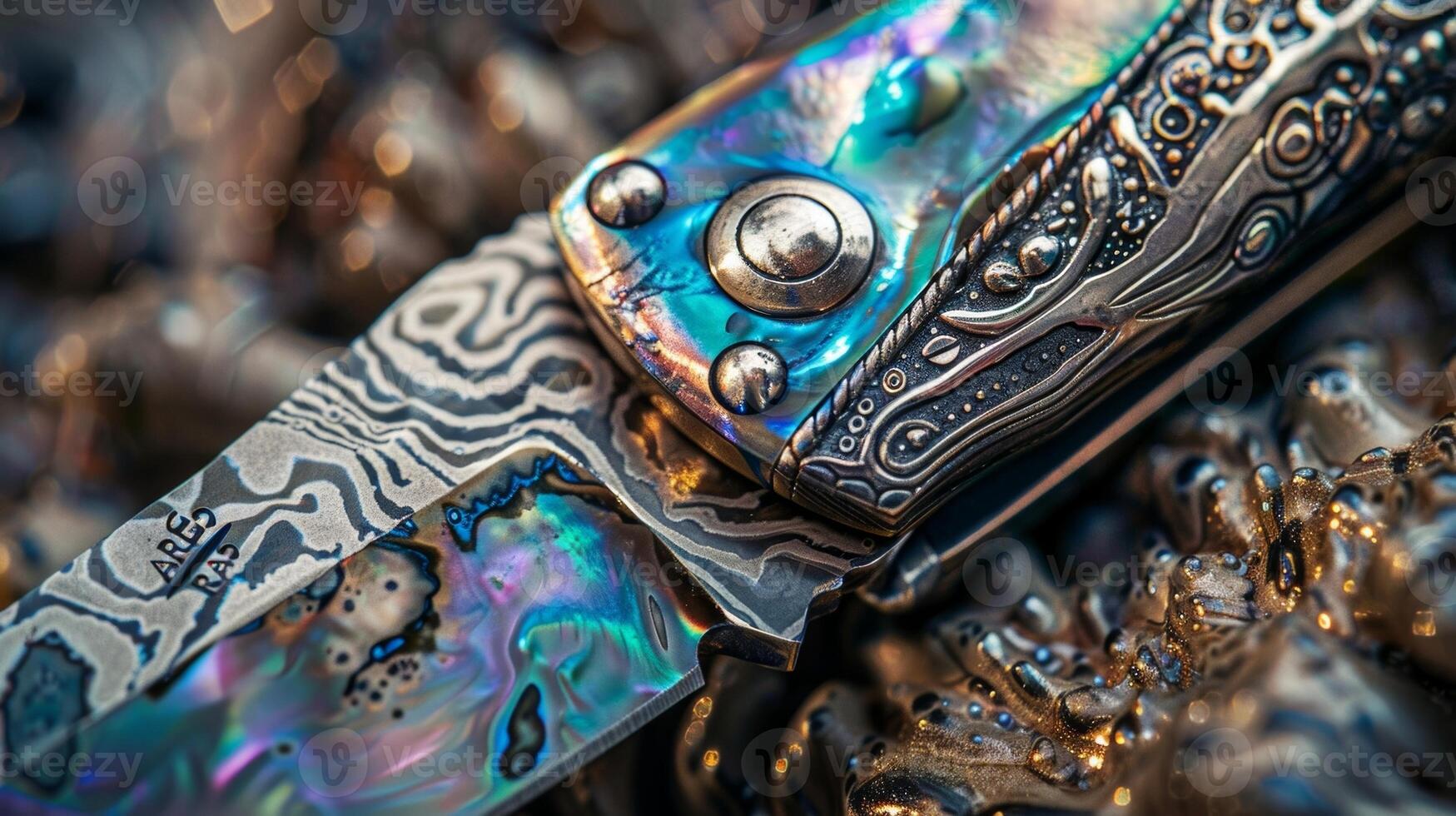 A pocket knife with a handle made of a luxurious shimmery abalone shell showcasing an array of stunning colors. The blade is made of Damascus steel adding to the overall exclusivit photo