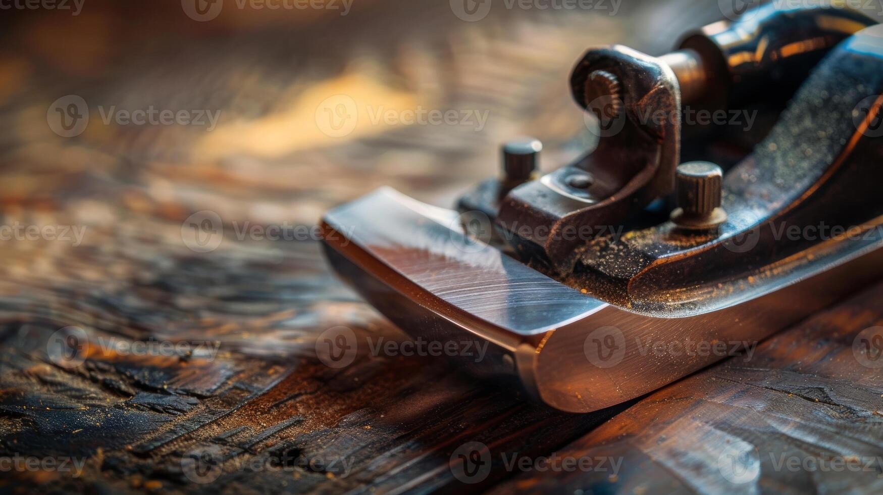 The smooth polished surface of a hand planes blade reflecting the rich hues of the wood it is working on photo