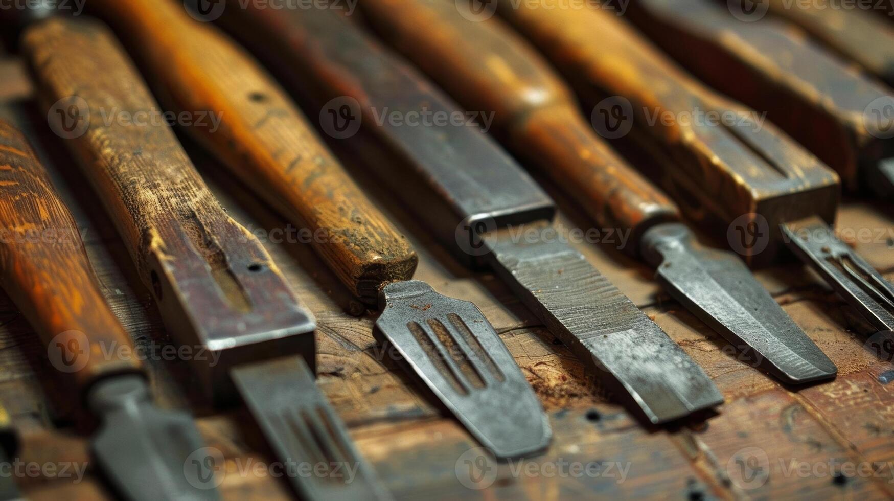 A collection of vintage chisels passed down through generations of skilled woodworkers each with its own unique wear and tear from years of use photo