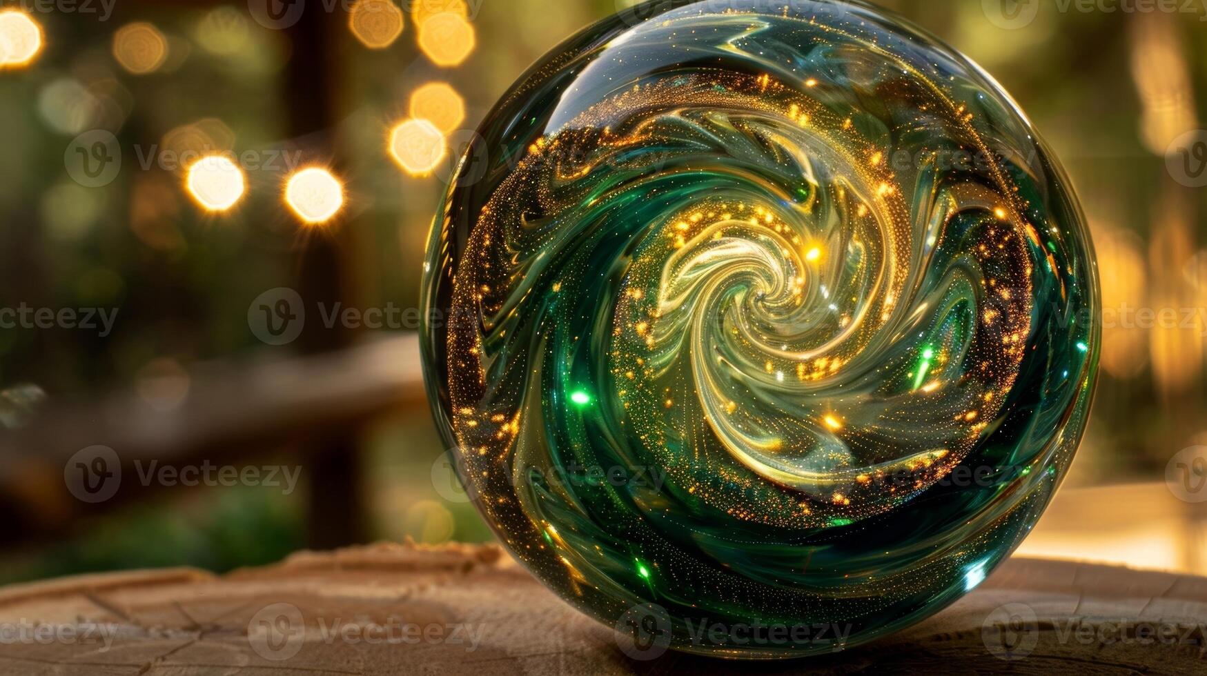 A glass orb with swirling ribbons of deep green and gold seemingly capturing a miniature galaxy within photo