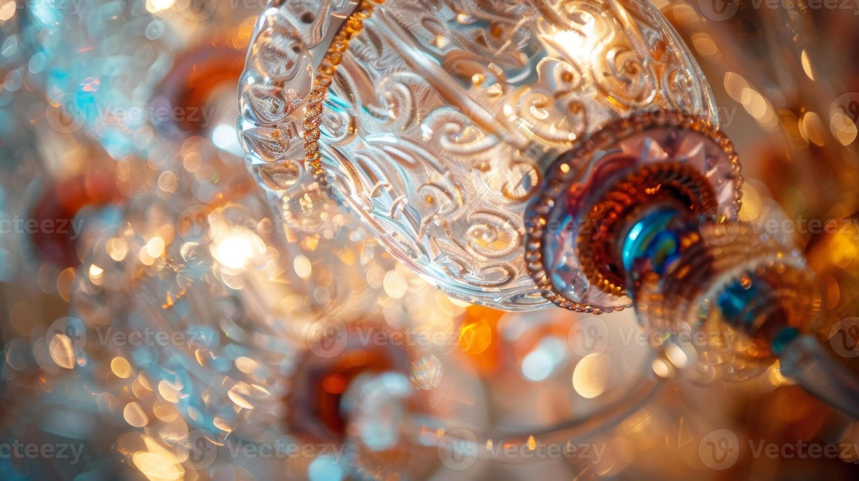 A handcrafted glass chandelier with intricate patterns and various shades of shimmering glass creating a stunning and luxurious piece of art photo