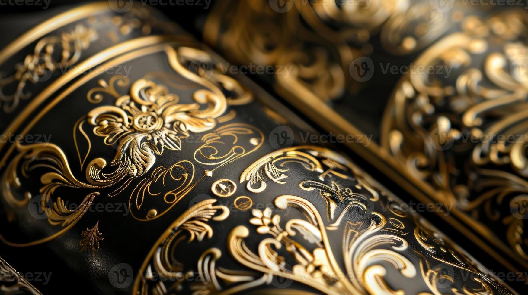 A detailed shot of a wine bottle label showcasing intricate gold foiling and embossed lettering. The luxurious packaging is just as important as the quality of the wine itself photo