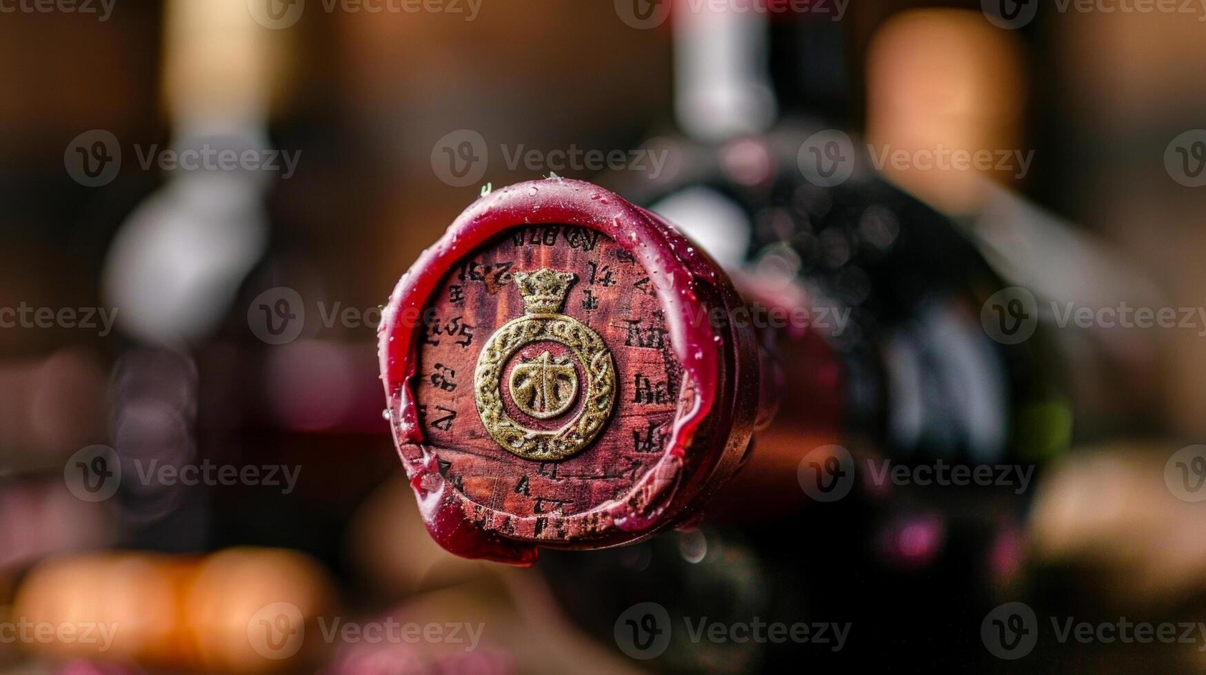 A closeup of a wine bottle cork with a decorative wax seal stamped with a unique emblem. These small details add to the overall opulence of the wine cellar photo