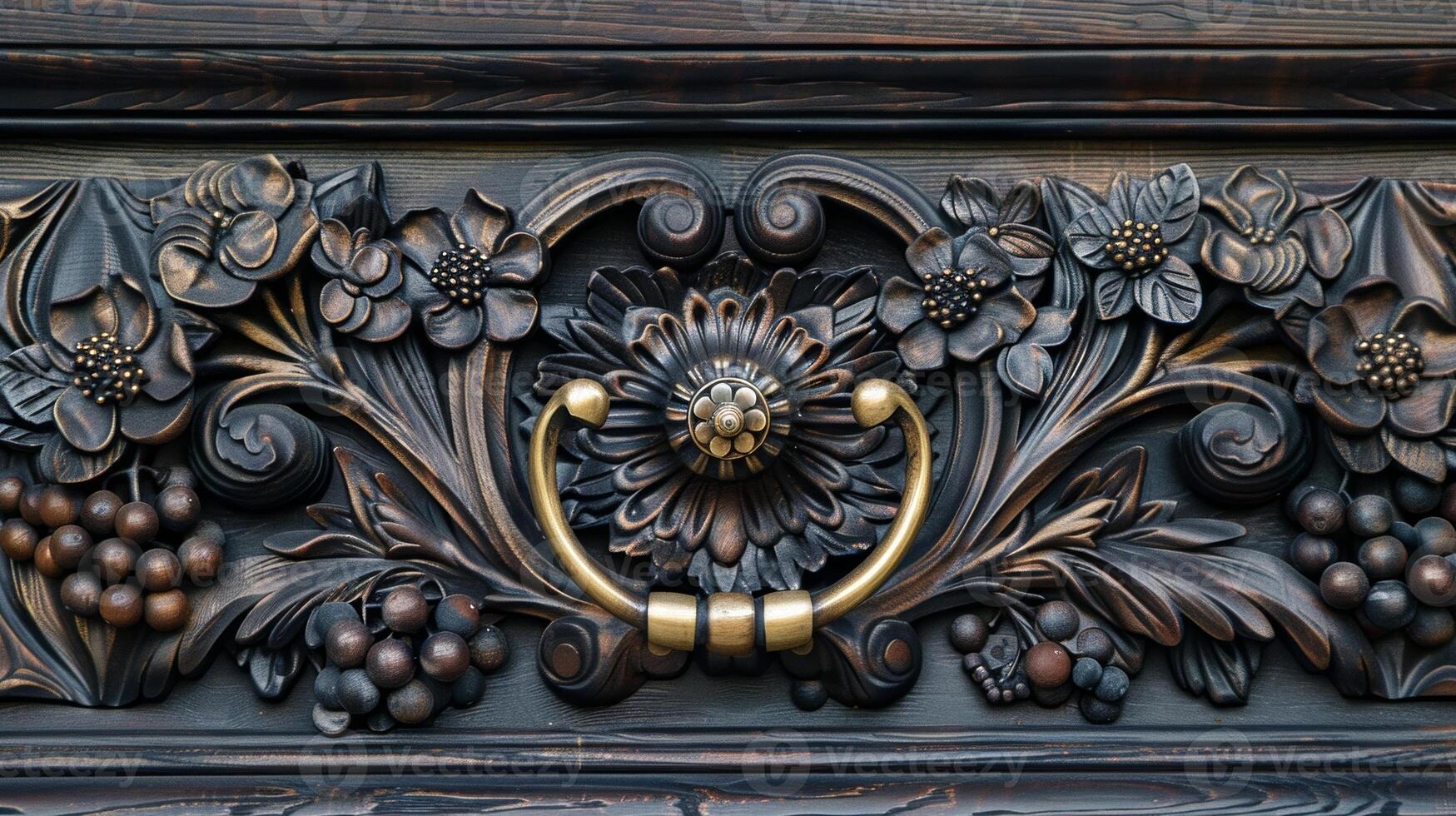 An upclose view of a wine cellar door with ornate carvings and a gold handle. The door is a gateway to a hidden paradise of fine wines photo