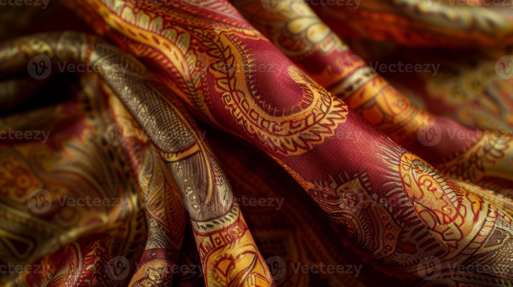 An intimate view of a delicately patterned silk scarf showcasing a paisleyinspired print in shades of deep red and goldenrod. The fine details of the design create a mesmerizing effec photo