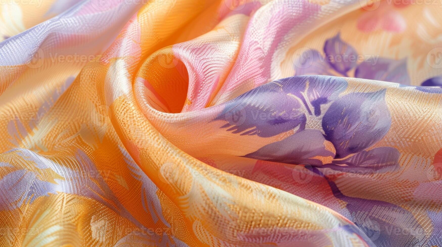 A detailed image of a luxurious silk scarf with an abstract floral pattern in soft shades of peach yellow and lavender. The delicate brushstrokes of the design are accentuated by th photo
