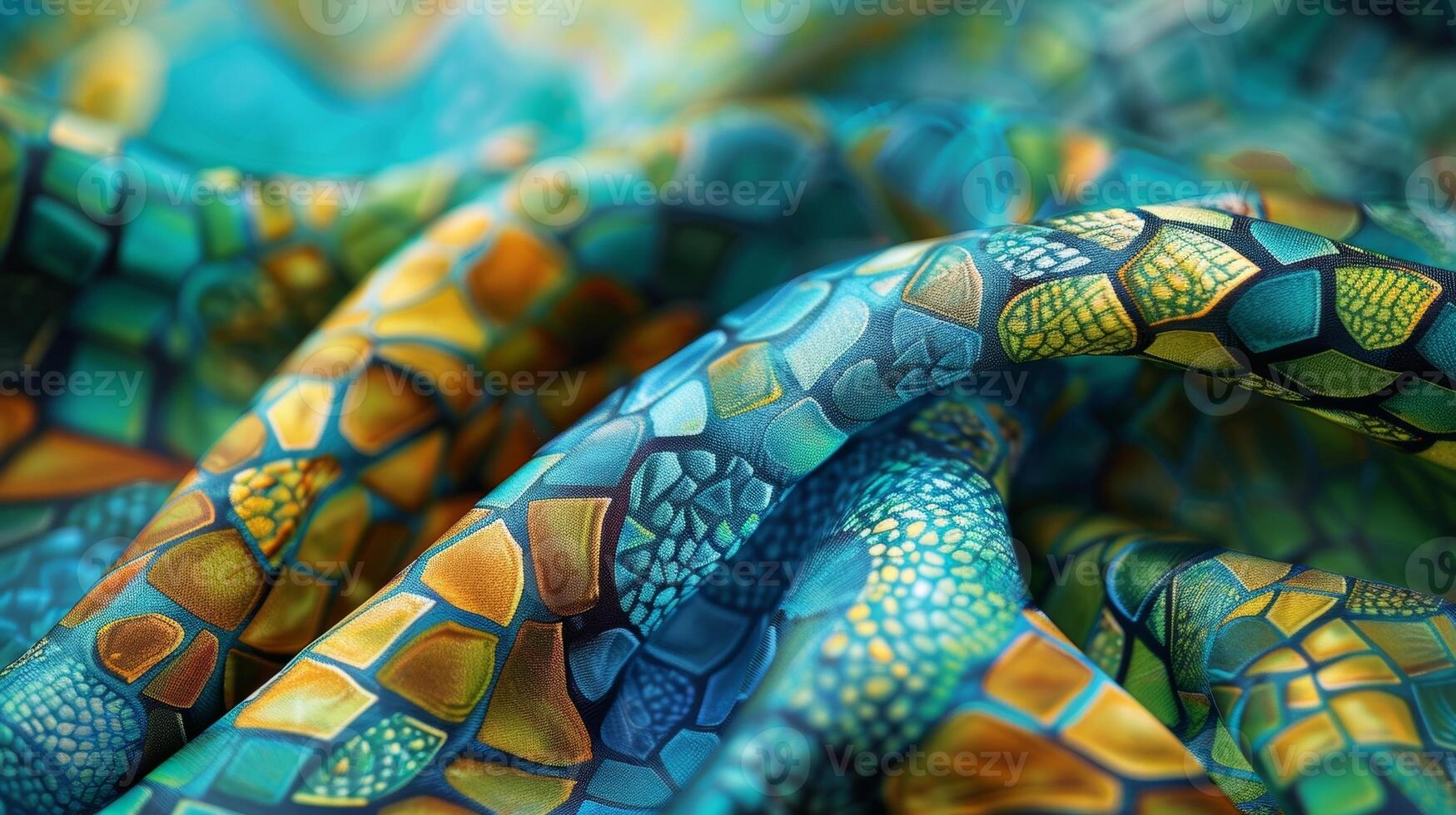 A macro shot of a silk scarf featuring an intricate mosaic design in shades of blues greens and yellows. The fine detailed lines of the design create a mesmerizing effect drawing th photo