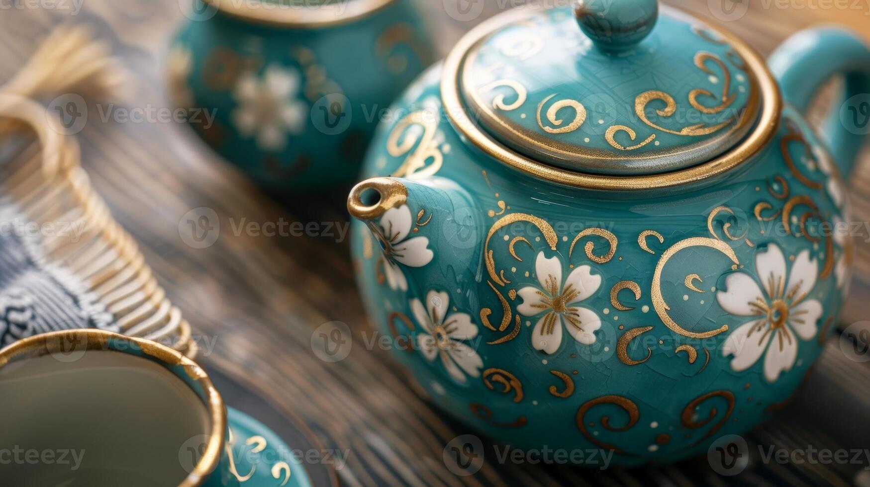 A set of tealcolored ceramic teapot and cups handpainted with intricate gold swirls and accented with delicate white flowers photo